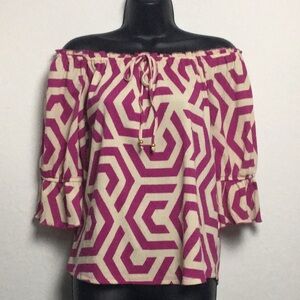 Womens Geometric Off-Shoulder Top - Pink and Tan (Size S)